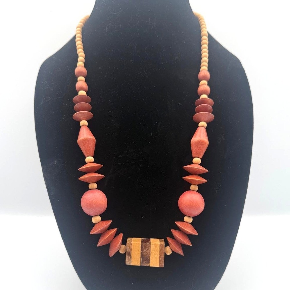 Vintage Boho Handcrafted‎ Wooden Bead Statement Necklace Geometric Earth Tones